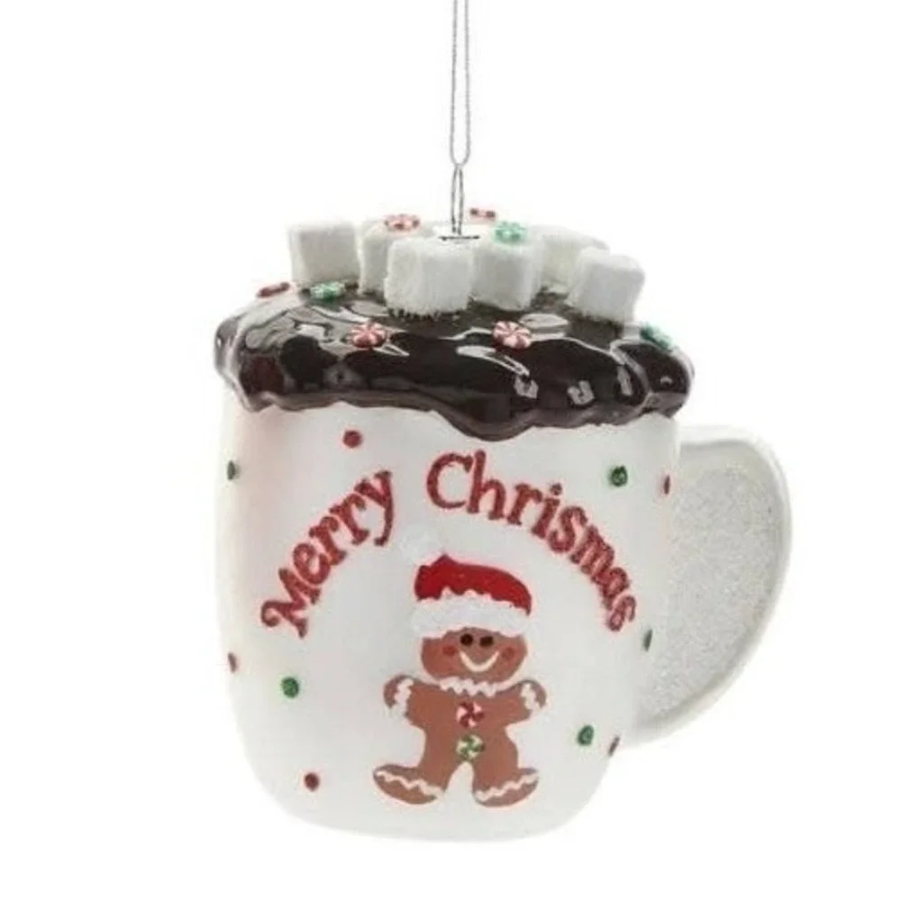 Gingerbread Hot Cocoa Mug Glass Christmas Ornament Marshmallows Peppermint